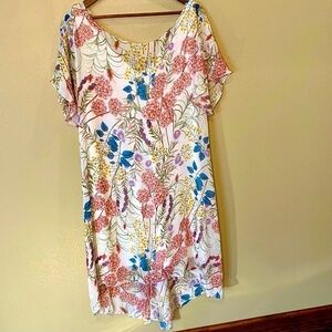 Adrianna Papell Floral Sheer Hi-Low Dress Size XL, Off White with Multicolors